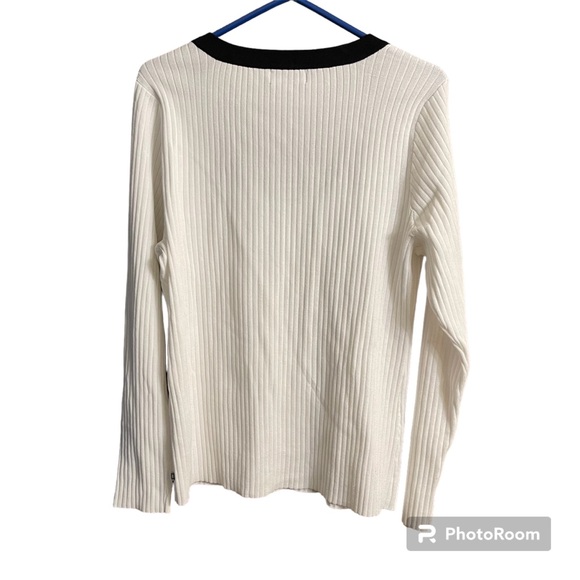 Karl Lagerfeld Sweater Wide Rib Square Neck Black Trim Button Sleeves Sz XL - Picture 5 of 6